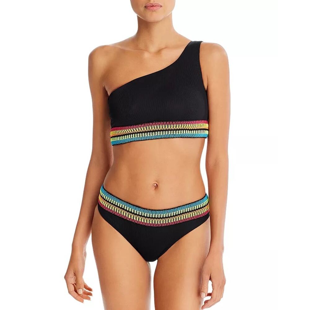 Peixoto Zoni Ribbed Knit One-Shoulder Bikini Swim Suit Set Black NWT Large